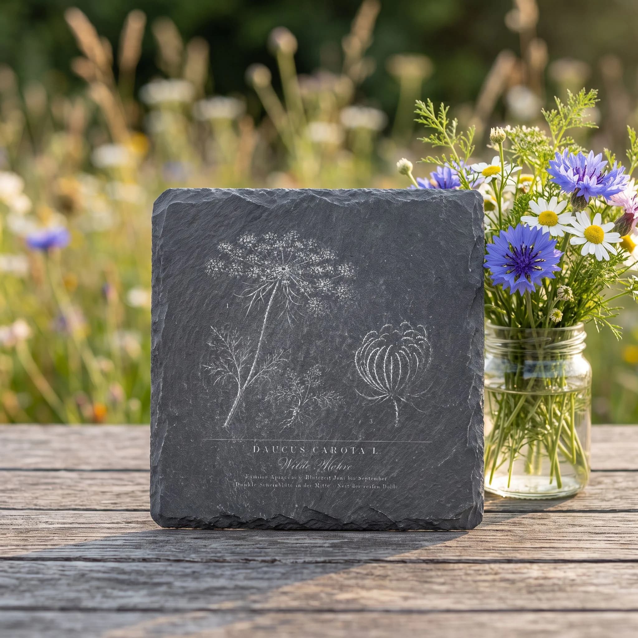 Botanische Zeichnung Wilde Möhre – Flora-Tafel auf Schieferuntersetzer in Verwendung