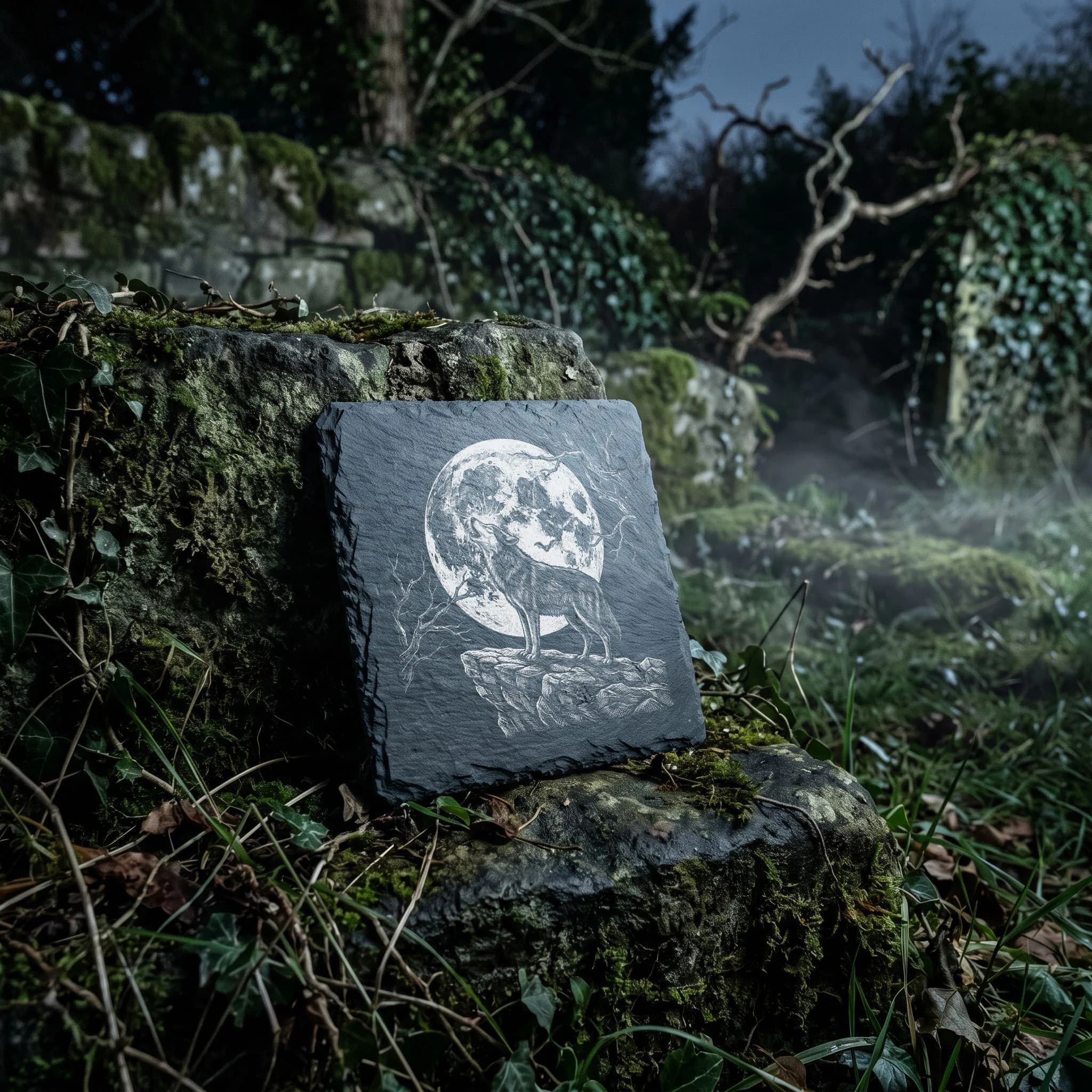 Wolf Geschenk – Heulender Wolf vor Vollmond, Schiefer in Verwendung