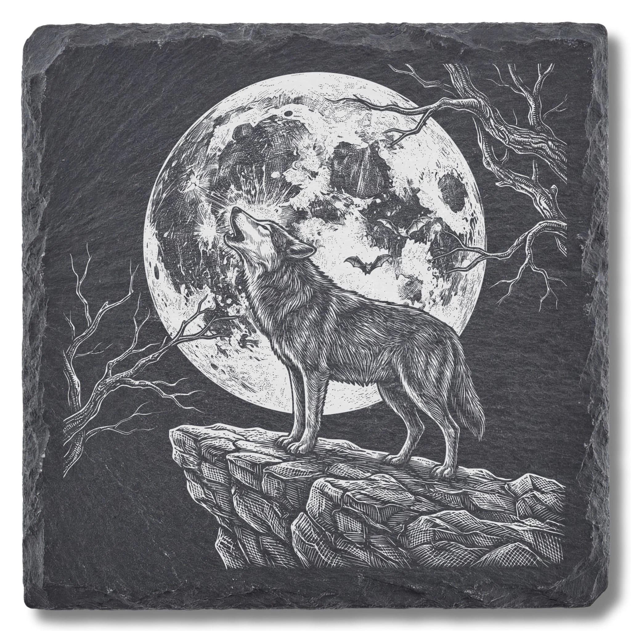 Wolf Geschenk – Heulender Wolf vor Vollmond, Schiefer