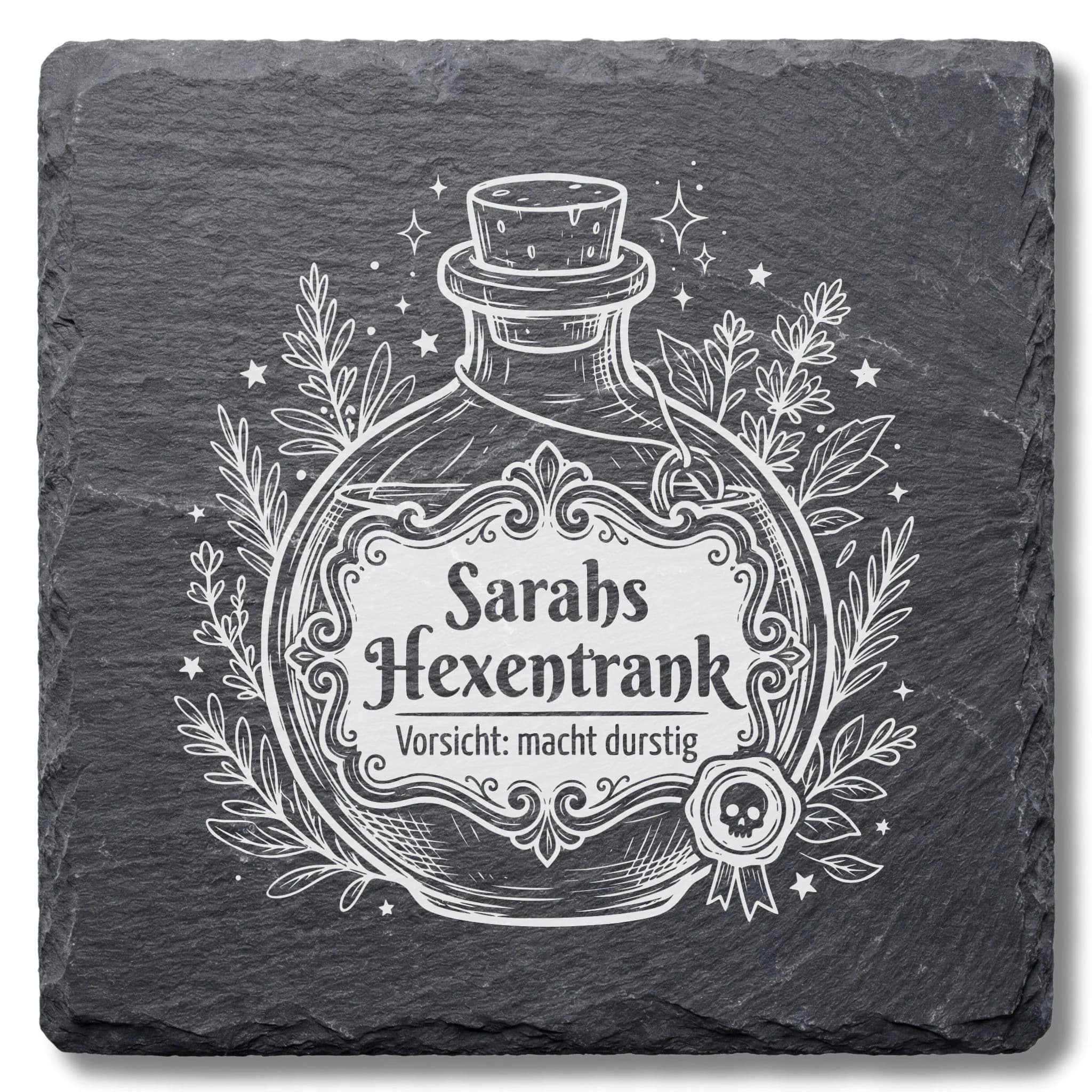 Hexentrank Schieferuntersetzer – Apotheker-Flakon | mit Namen