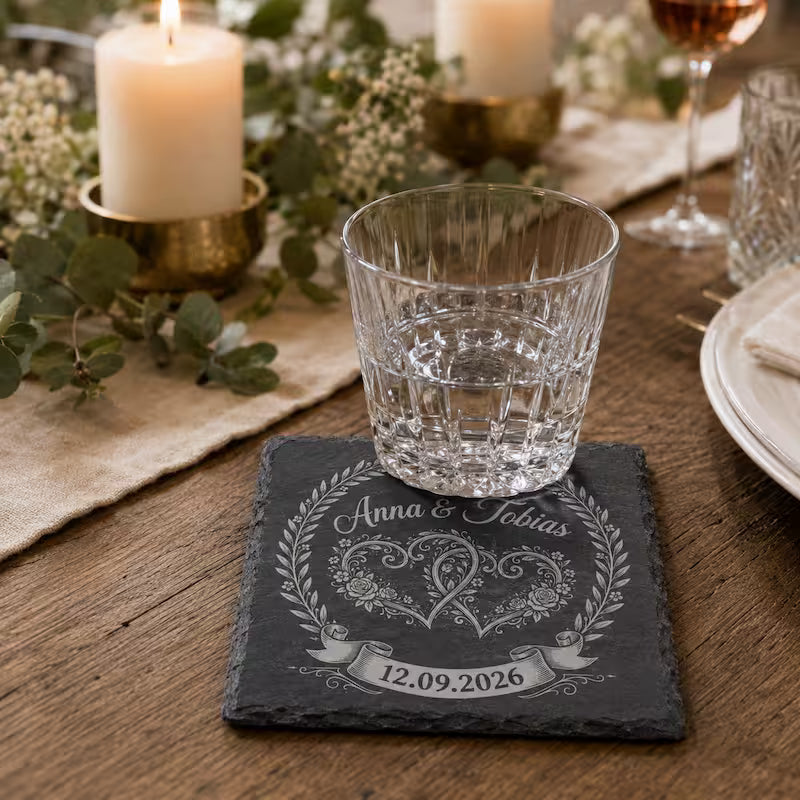 Schieferuntersetzer Hochzeit Namen & Datum – Geschenk Brautpaar