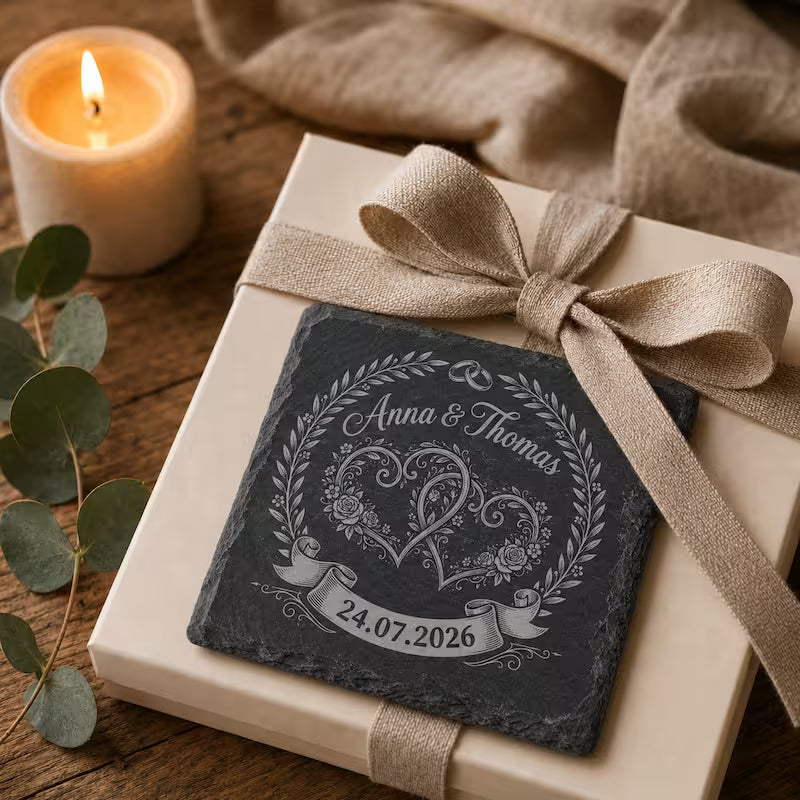 Schieferuntersetzer Hochzeit Namen & Datum – Geschenk Brautpaar