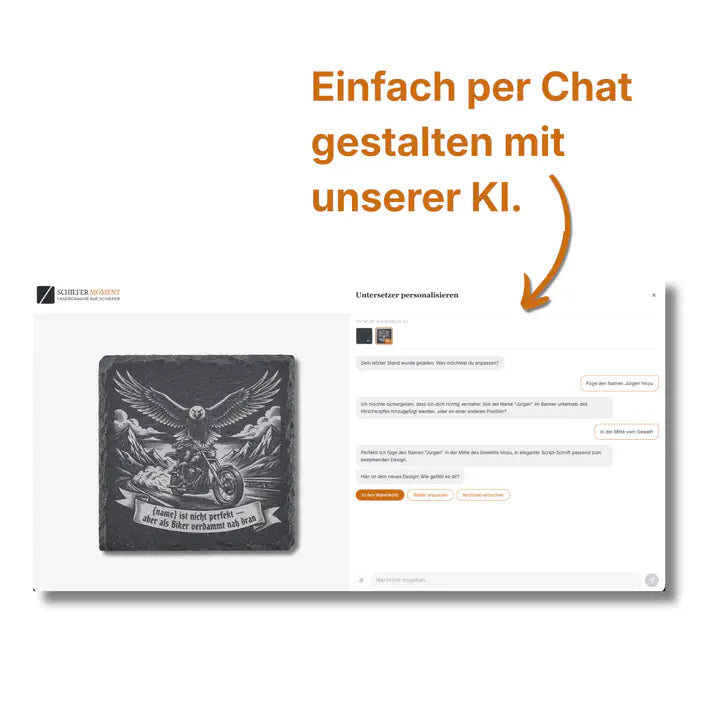 Schiefer Moment Untersetzer per KI-Chat personalisieren mit Motorrad-Adler-Design