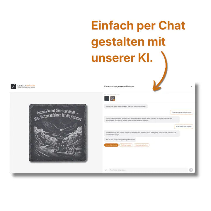 Schiefer Moment Untersetzer per KI-Chat personalisieren mit individuellem Motorrad-Design