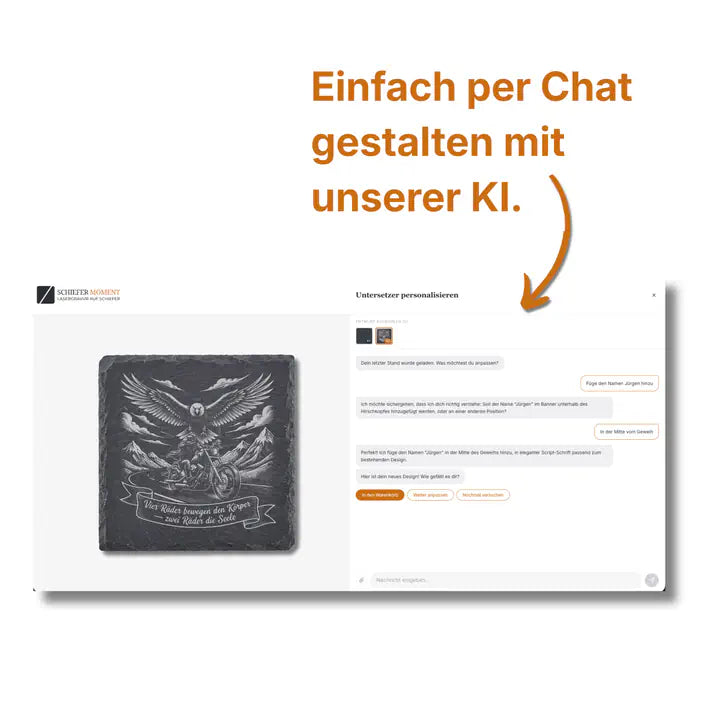 Schiefer Moment Untersetzer per KI-Chat personalisieren mit individuellem Motorrad-Design