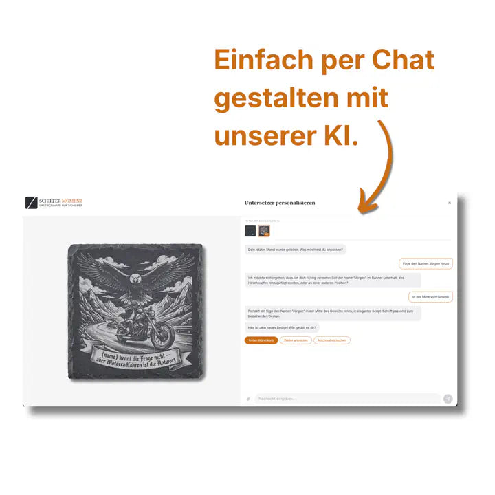 Schiefer Moment Untersetzer per KI-Chat personalisieren mit Motorrad-Adler-Design