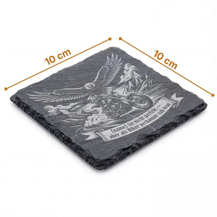 Schiefer Moment Untersetzer 10x10 cm mit Adler-Chopper-Gravur und Massangaben