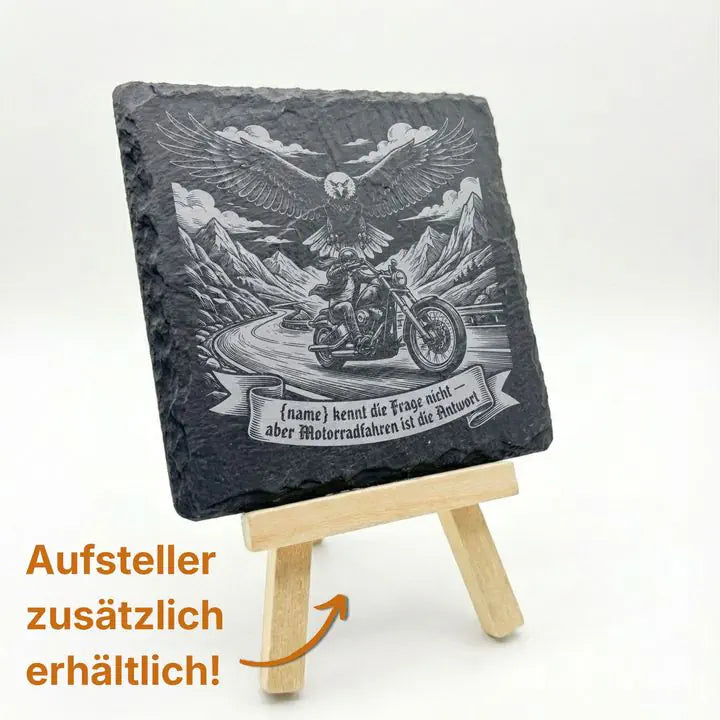 Schiefer Moment Untersetzer mit Motorrad-Freiheit-Motiv auf Holzstaffelei mit optionalem Aufsteller