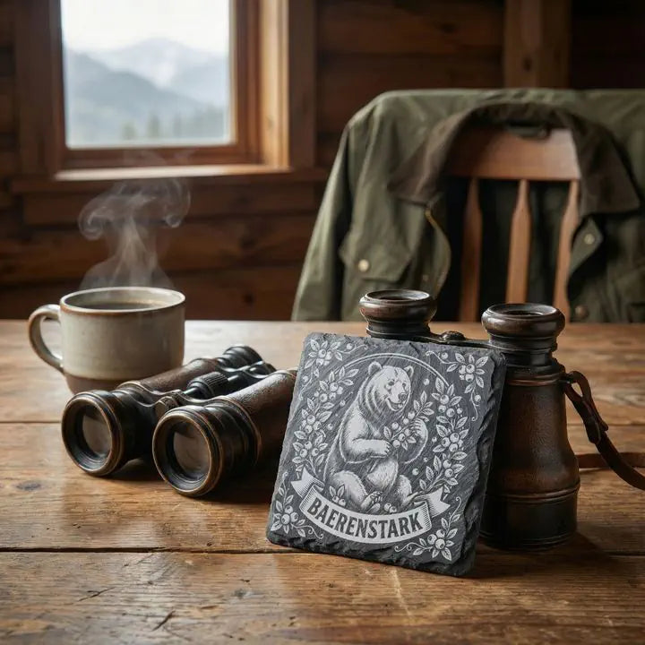 Gravierter Schiefer Untersetzer mit Vintage-Bär auf warmem Holztisch neben Kaffeetasse