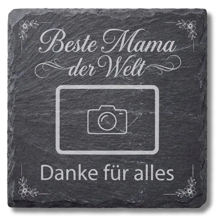 Schiefer Moment Untersetzer mit Beste Mama der Welt Gravur und Fotorahmen auf weissem Hintergrund