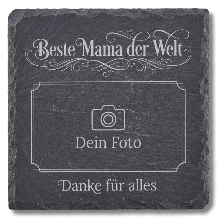 Schiefer Moment Untersetzer mit Beste Mama der Welt Gravur und Fotorahmen auf weissem Hintergrund