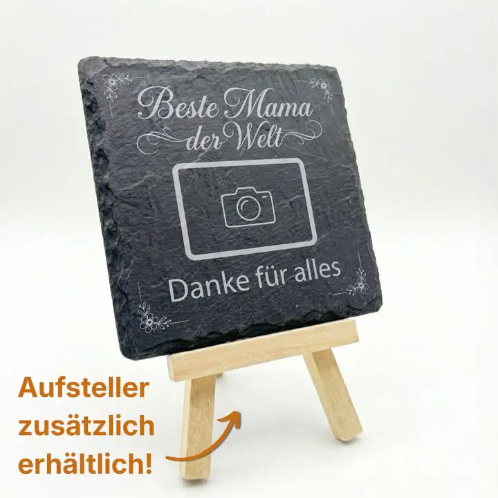 Gravierter Schieferuntersetzer Beste Mama der Welt auf Holzstaffelei mit optionalem Aufsteller