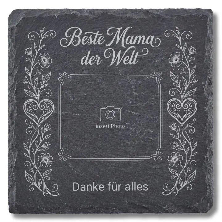 Schiefer Moment Untersetzer mit Beste Mama der Welt Gravur und Fotoplatzhalter auf weissem Hintergrund