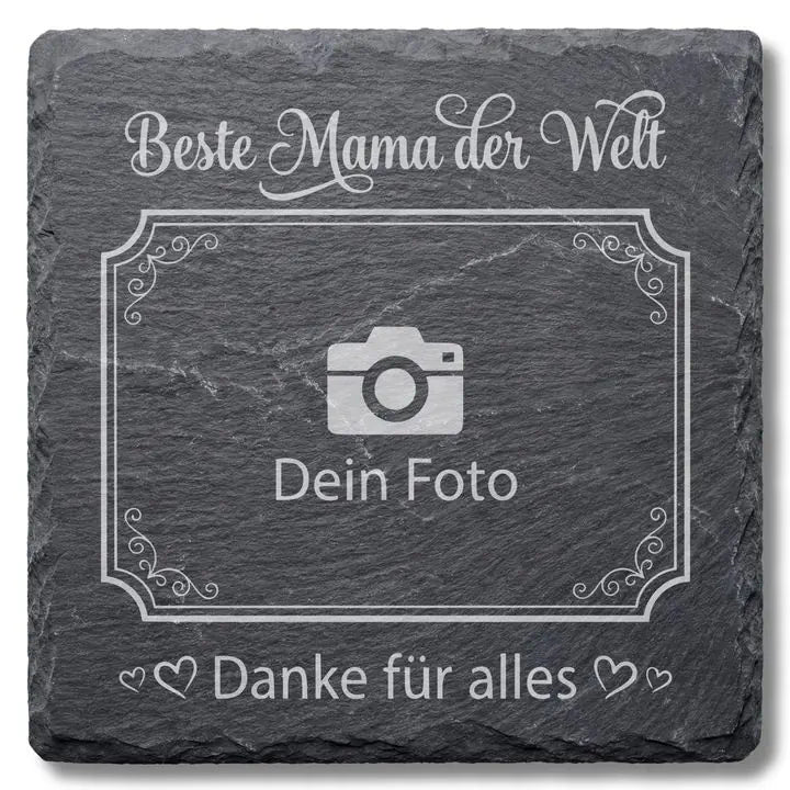 Schiefer Moment Untersetzer mit Beste Mama der Welt Gravur und Fotorahmen auf weissem Hintergrund