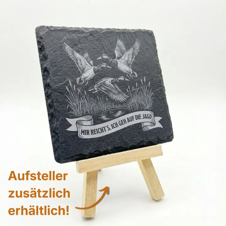 Schiefer Moment Untersetzer mit Entenjagd-Motiv auf Holzstaffelei, Hinweis Aufsteller zusätzlich erhältlich