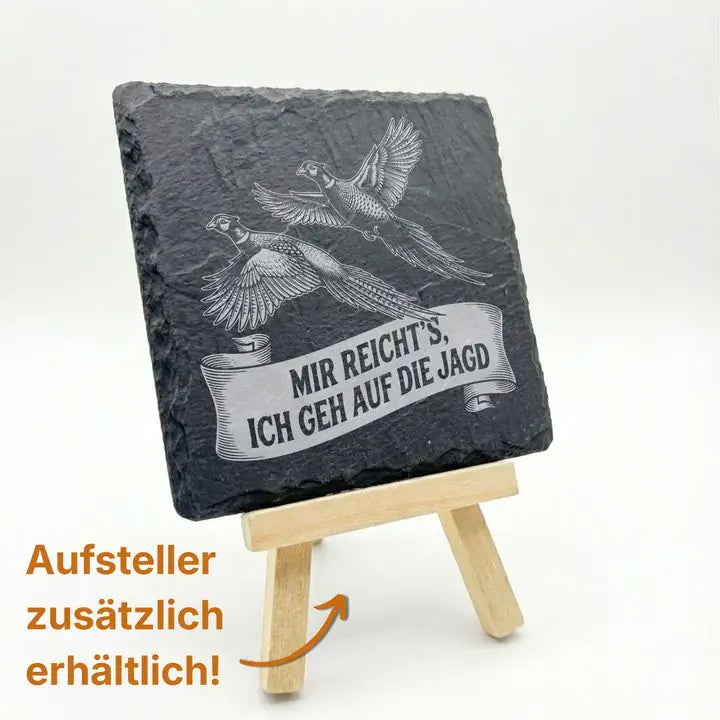 Schiefer Moment Untersetzer mit Fasan-Gravur auf Holzstaffelei, Hinweis auf optionalen Aufsteller