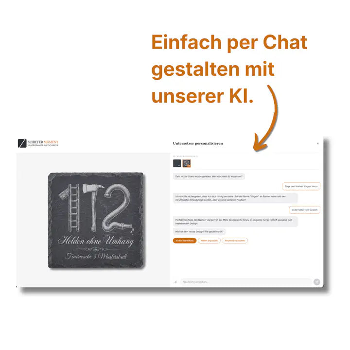 Schiefer Moment Untersetzer mit Gravur in gemütlicher Chat-Szene