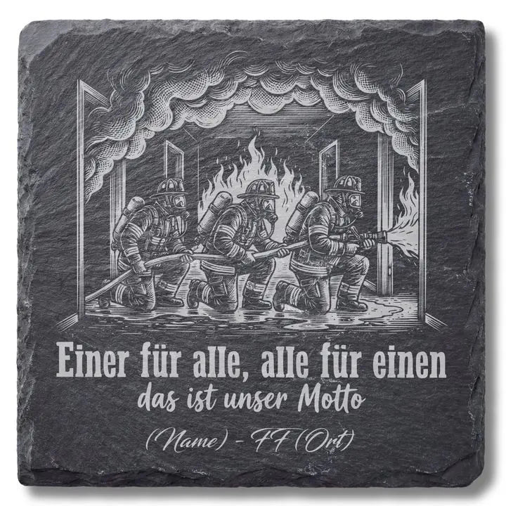 Schiefer Moment Untersetzer mit Feuerwehr-Gravur Einer fuer alle auf schwarzem Schiefer freigestellt