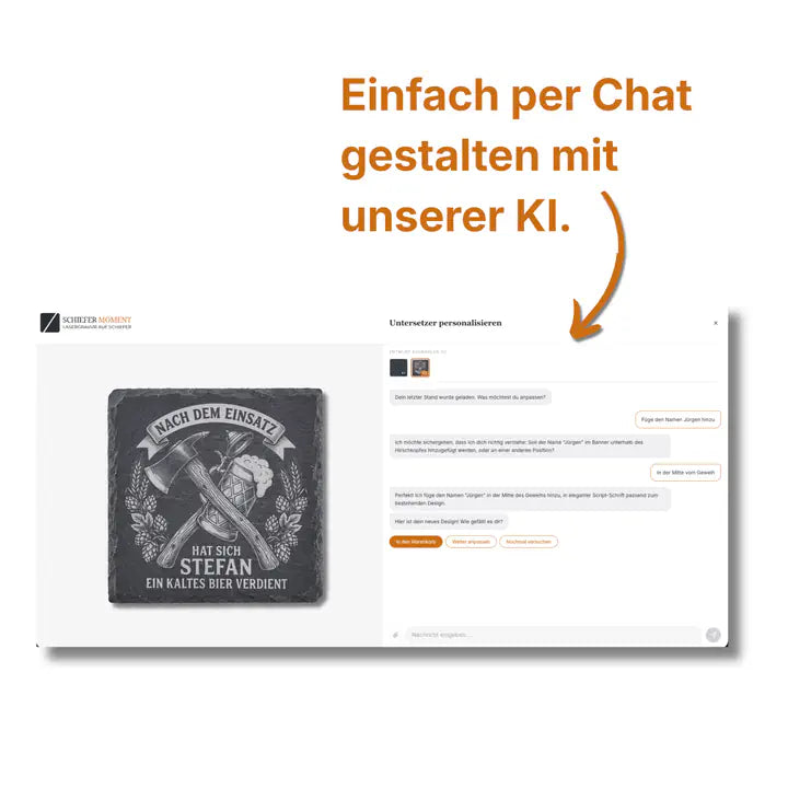 Schiefer Moment Untersetzer per KI-Chat personalisieren am Beispiel Feuerwehr-Bier-Design fuer Stefan