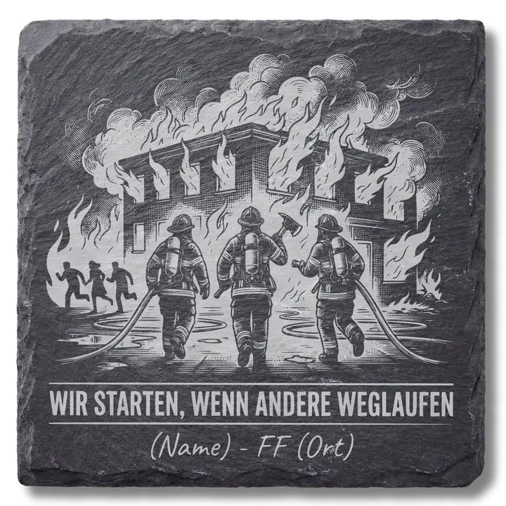 Schiefer Moment Untersetzer mit Feuerwehr-Gravur und Spruch auf weissem Hintergrund freigestellt