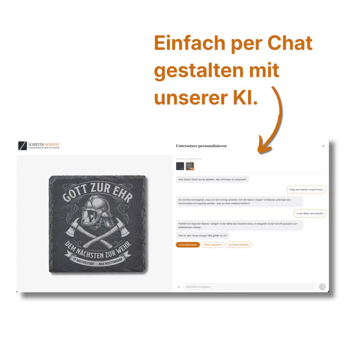 Schiefer Moment Untersetzer per KI-Chat personalisieren mit individuellem Feuerwehr-Design