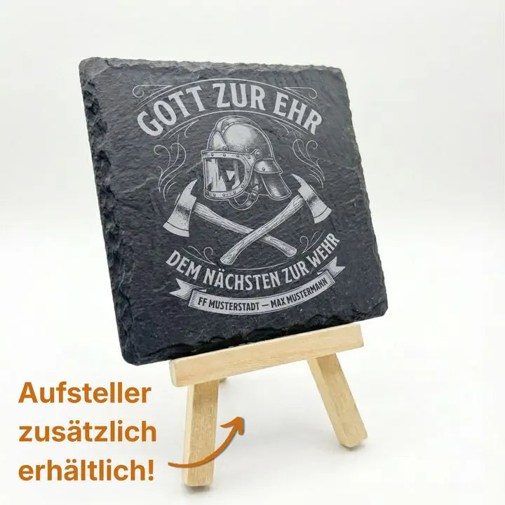 Gravierter Schiefer Untersetzer mit Feuerwehr-Wappen auf Holzstaffelei mit optionalem Aufsteller