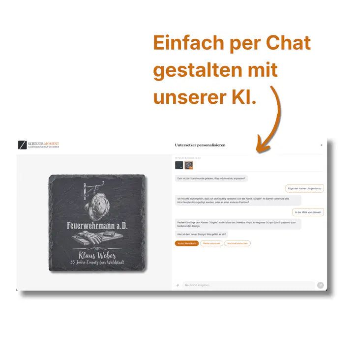 Schiefer Moment Untersetzer per KI-Chat personalisieren mit individuellem Feuerwehr-Design