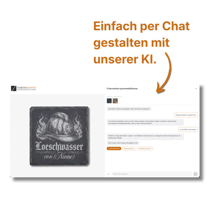 Schiefer Moment KI-Chat zur Personalisierung des Feuerwehr-Untersetzer mit Wunschname