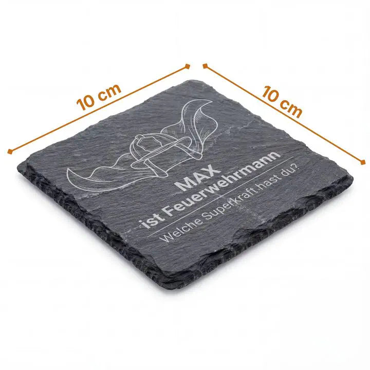 Schiefer Moment Untersetzer mit Feuerwehr-Gravur und Massangabe 10 x 10 cm freigestellt