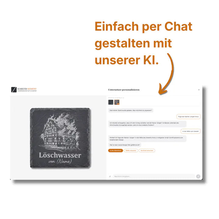 Schiefer Moment Untersetzer per KI-Chat personalisieren mit individuellem Feuerwehr-Wunschtext