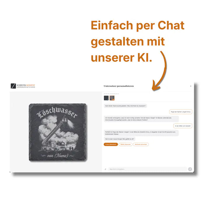 Schiefer Moment Untersetzer mit Feuerwehr-Gravur personalisierbar per KI-Chat mit eigenem Namen