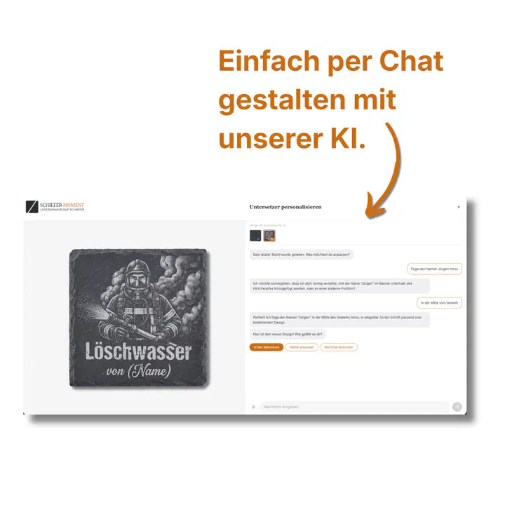 Schiefer Moment Untersetzer per KI-Chat personalisieren mit individuellem Feuerwehr-Design