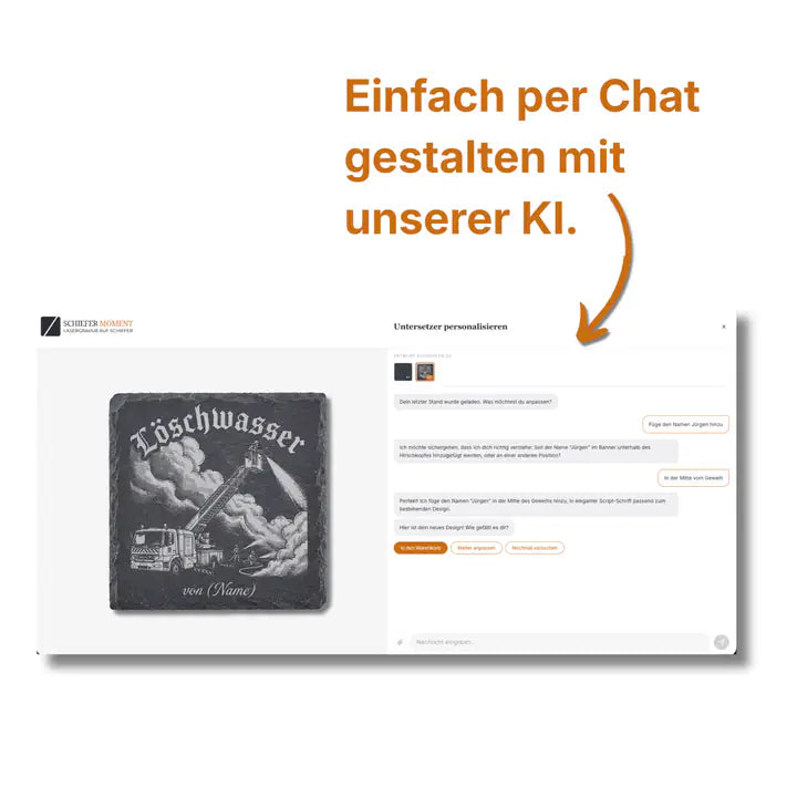 Schieferuntersetzer Feuerwehr-Design per KI-Chat individuell personalisieren
