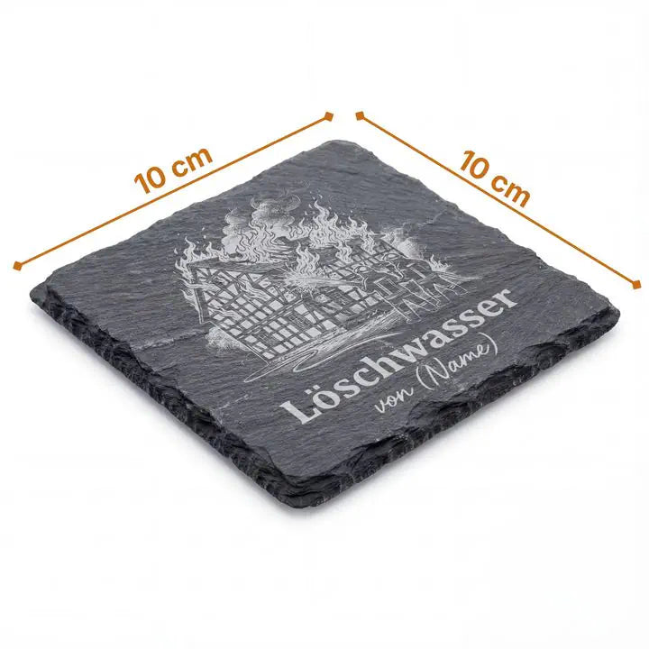 Schiefer Moment Untersetzer 10 x 10 cm mit Feuerwehr-Loeschwasser-Gravur und Massangaben