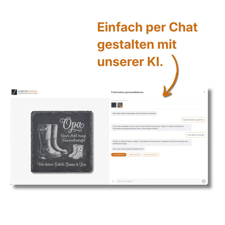Schiefer Moment KI-Chat zur Personalisierung des Feuerwehr-Untersetzer-Designs fuer Opa