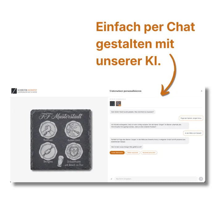 Schiefer Moment Untersetzer mit Feuerwehr-Design per KI-Chat individuell personalisieren