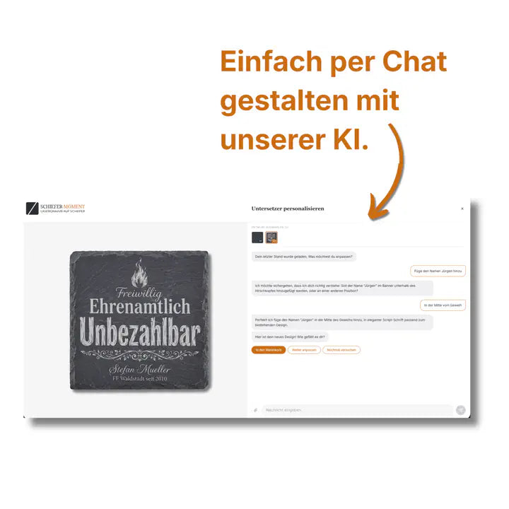 Schiefer Moment KI-Chat zur Personalisierung von Schieferuntersetzern mit individuellem Feuerwehr-Design