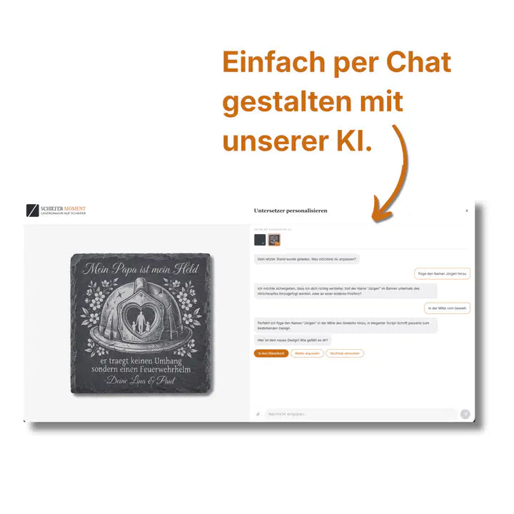 Schiefer Moment KI-Chat zur Personalisierung eines Untersetzer-Designs mit Feuerwehrhelm und Widmung