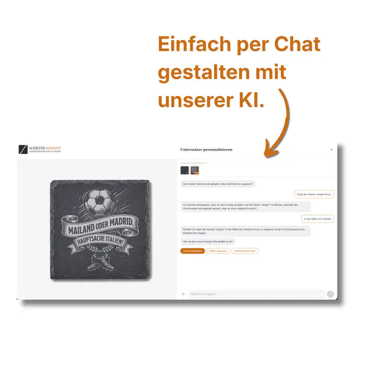 Schiefer Moment Untersetzer per KI-Chat personalisieren mit individuellem Fussball-Design