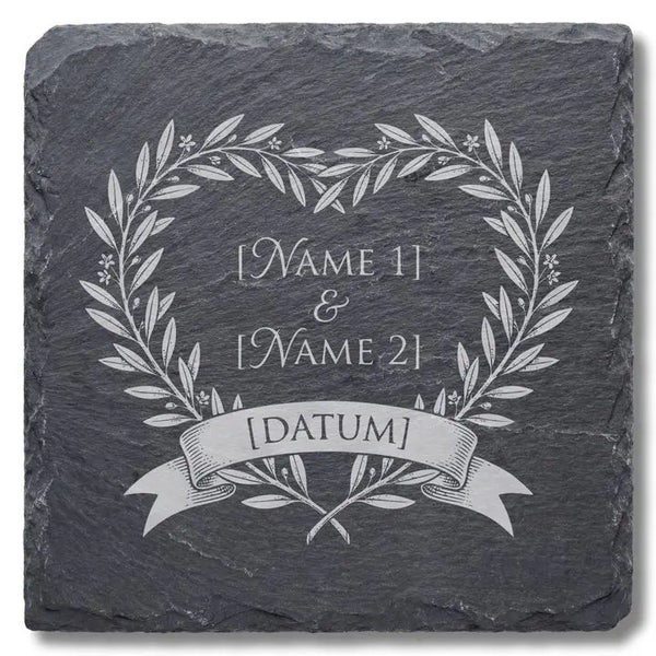 Schwarzer Schiefer Moment Untersetzer mit Gravur in der Draufsicht