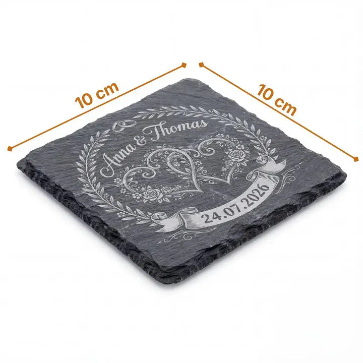 Schiefer Moment Untersetzer mit Hochzeitsgravur und Rosenornament mit Maßangabe 10 x 10 cm