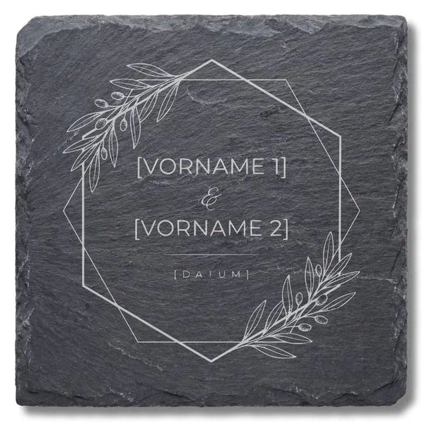 Schwarzer Schiefer Moment Untersetzer mit Gravur in der Draufsicht
