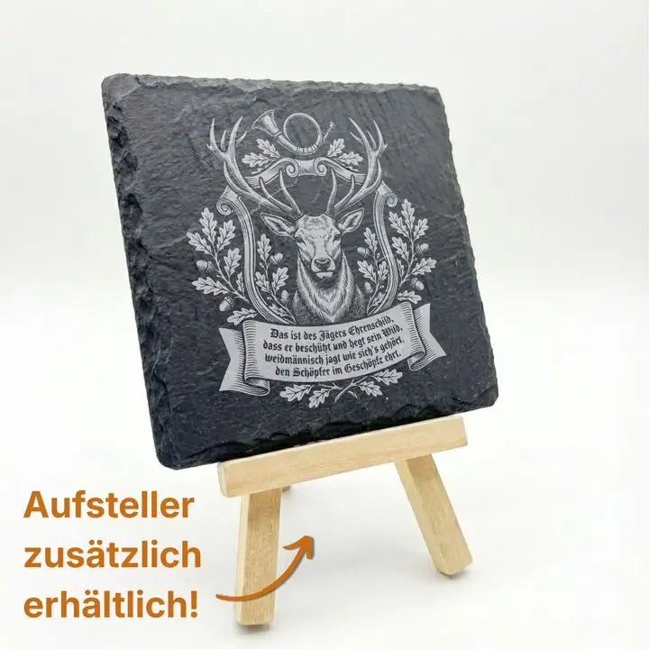 Geschenkset Schiefer Untersetzer mit traditionellem Jagdmotiv und Hirsch-Wappen