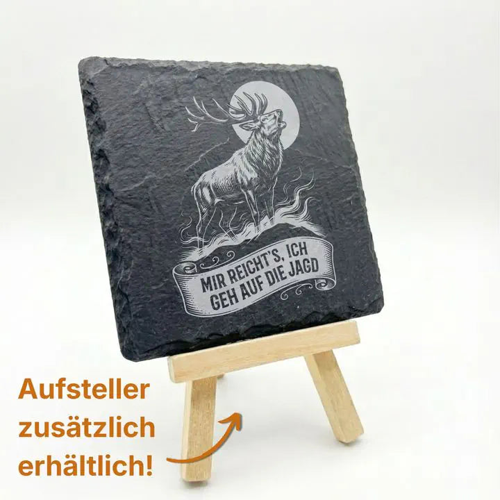 Schiefer Untersetzer mit röhrendem Hirsch auf Holzstaffelei mit Hinweis Aufsteller zusätzlich erhältlich
