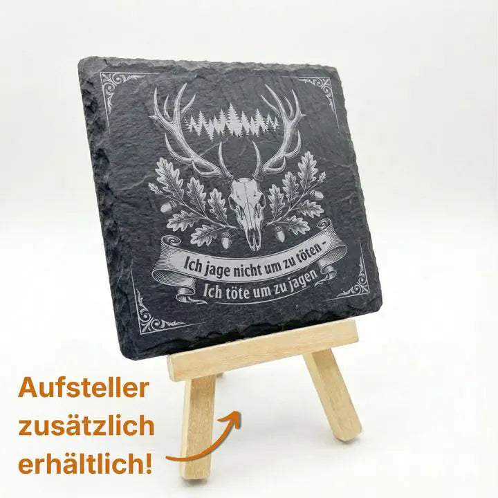 Geschenkset Schiefer Untersetzer mit traditionellem Jagdmotiv und Spruch-Banner