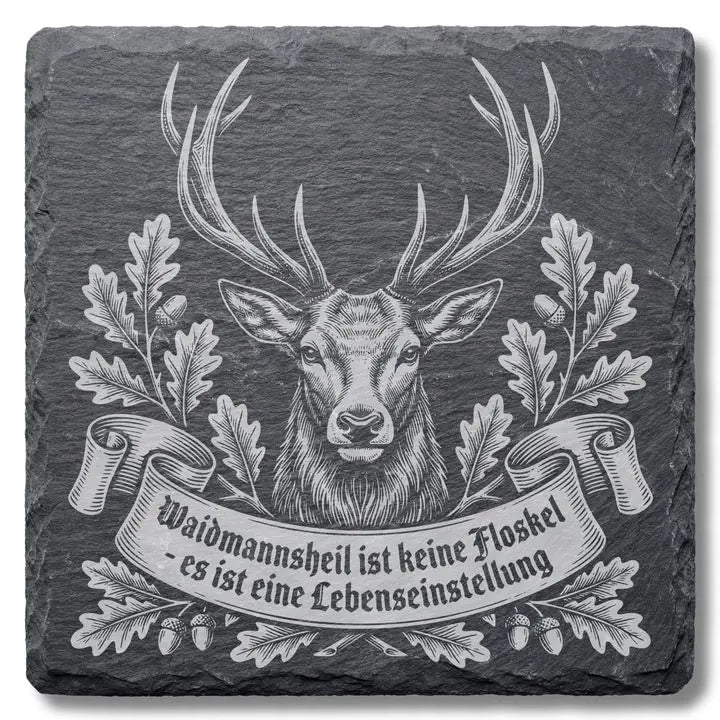 Schwarzer Schiefer Moment Untersetzer mit Gravur in der Draufsicht