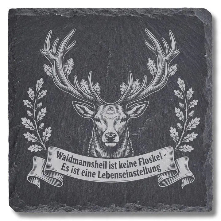 Schieferuntersetzer mit Hirschkopf Gravur und Waidmannsheil Spruch für Jäger