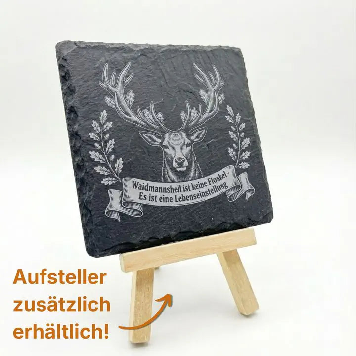 Schieferuntersetzer mit Hirschkopf Gravur und Waidmannsheil Spruch für Jäger