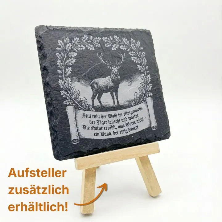 Set aus Schiefer Untersetzern mit Vintage Jagdmotiv und Waldszene als Geschenkidee