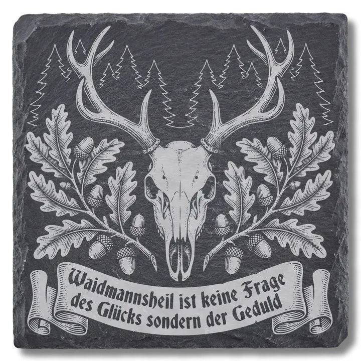 Schwarzer Schiefer Moment Untersetzer mit Gravur in der Draufsicht